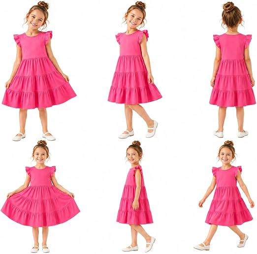 HILEELANG Girls Cotton Tiered Dress Flutter Ruffle Sleeve Summer Swing Sundress Birthday Party Casual Outfit Colorblock