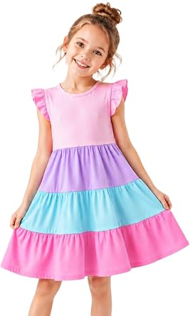 HILEELANG Girls Cotton Tiered Dress Flutter Ruffle Sleeve Summer Swing Sundress Birthday Party Casual Outfit Colorblock