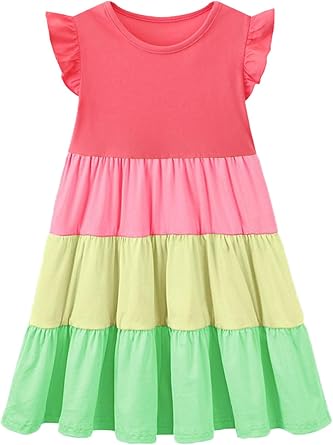HILEELANG Girls Cotton Tiered Dress Flutter Ruffle Sleeve Summer Swing Sundress Birthday Party Casual Outfit Colorblock