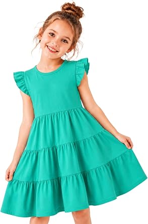 HILEELANG Girls Cotton Tiered Dress Flutter Ruffle Sleeve Summer Swing Sundress Birthday Party Casual Outfit Colorblock