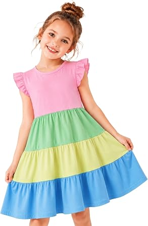 HILEELANG Girls Cotton Tiered Dress Flutter Ruffle Sleeve Summer Swing Sundress Birthday Party Casual Outfit Colorblock