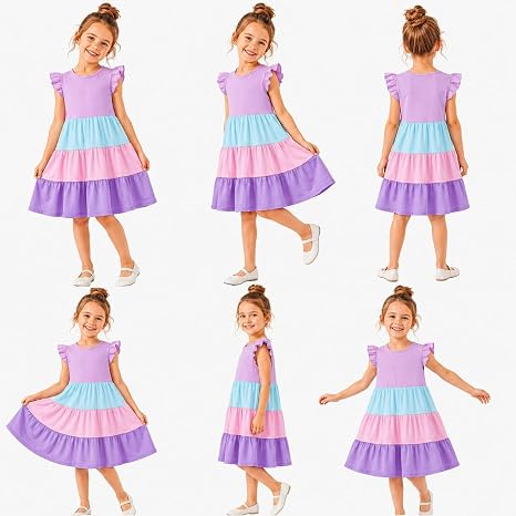 HILEELANG Girls Cotton Tiered Dress Flutter Ruffle Sleeve Summer Swing Sundress Birthday Party Casual Outfit Colorblock
