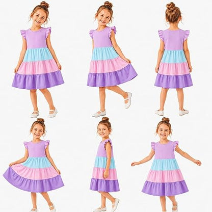 HILEELANG Girls Cotton Tiered Dress Flutter Ruffle Sleeve Summer Swing Sundress Birthday Party Casual Outfit Colorblock