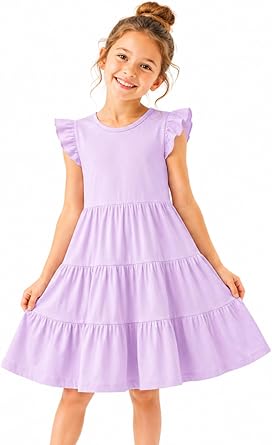 HILEELANG Girls Cotton Tiered Dress Flutter Ruffle Sleeve Summer Swing Sundress Birthday Party Casual Outfit Colorblock