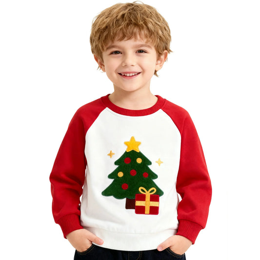 HILEELANG Kids Christmas Sweatshirt, Cotton Pullover Top with Christmas Tree Appliqué, Unisex Holiday Long Sleeve Shirt for Toddler Boys Girls