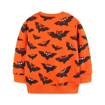 HILEELANG Toddler Boy Orange Sweatshirts Halloween Bat Printed Crewneck Long Sleeve Pullover Cotton Top Sweater Shirts