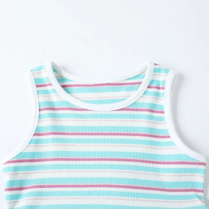 HILEELANG 2-7T Toddler Little Girls Colorful Striped Ribbed Tulle Dress, Mint Blue Sleeveless Summer Sundress