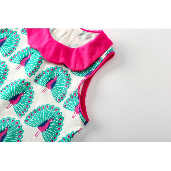 HILEELANG Toddler Girls Cotton Dress Sleeveless Casual Summer Striped Basic Shirt Green Peacock Pattern Jumpskirt Playwear