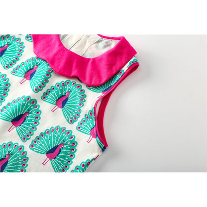 HILEELANG Toddler Girls Cotton Dress Sleeveless Casual Summer Striped Basic Shirt Green Peacock Pattern Jumpskirt Playwear