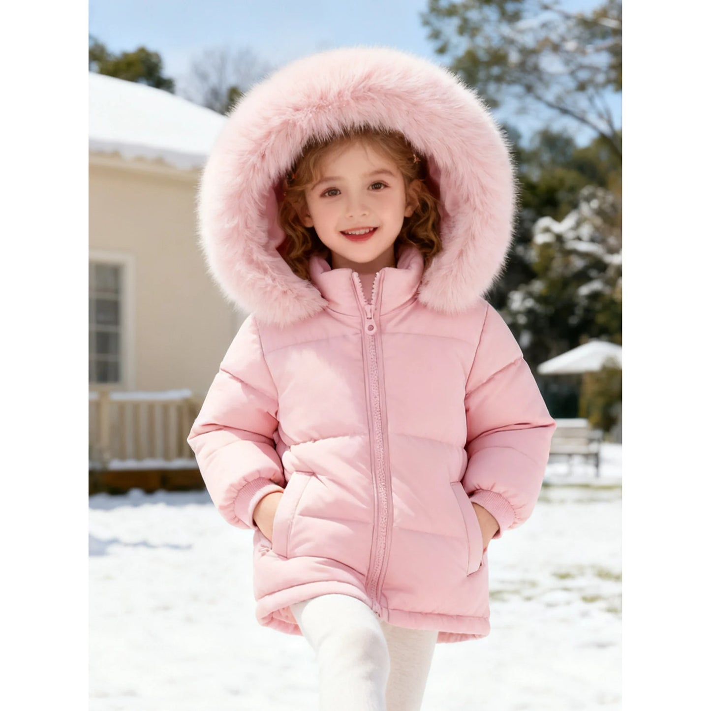 HILEELANG Toddler Baby Girl Winter Puffer Jacket with Faux Fur Hood – Warm Windproof Water-Resistant Coat 12M–7T, Lightweight Quilted Pink Outerwear for Cold Weather