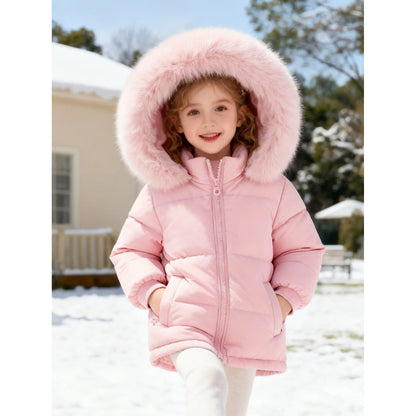 HILEELANG Toddler Baby Girl Winter Puffer Jacket with Faux Fur Hood – Warm Windproof Water-Resistant Coat 12M–7T, Lightweight Quilted Pink Outerwear for Cold Weather