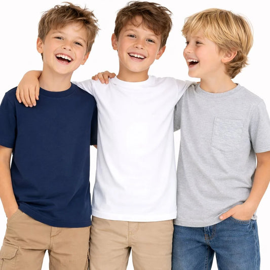 HILEELANG 4-13 Little Boys Light Blue Yellow Mint 100% Cotton Team Crew Camp 3-Pack Short Sleeve T Shirt Summer Tops