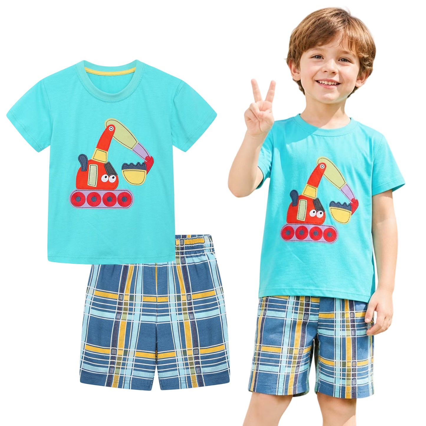 HILEELANG Toddler Boys Round Neck Short Sleeve Knit Orange Excavator Tshirt Short Outfit Set 3Y