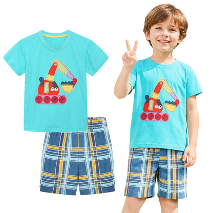 HILEELANG Toddler Boys Round Neck Short Sleeve Knit Orange Excavator Tshirt Short Outfit Set 3Y