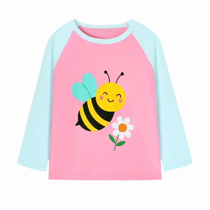 HILEELANG Toddler Girls Long Sleeve Raglan T Shirts 3 Pack – Pink Purple Butterfly, Pink White Ladybug, Pink Mint Bee – 100% Cotton Graphic Tops for Kids