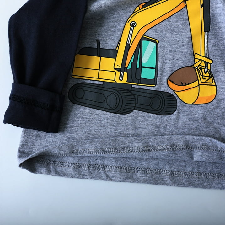 HILEELANG Toddler Boys（2Y-7Y) Shirt 3-Pack Excavator Graphic Long-Sleeve Tees Winter Cotton Casual Crewneck T-Shirts