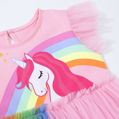 HILEELANG Baby Girl Dresses Short Ruffle Sleeve Cotton Tulle Tutu Pink Unicon Birthday Party Dresses