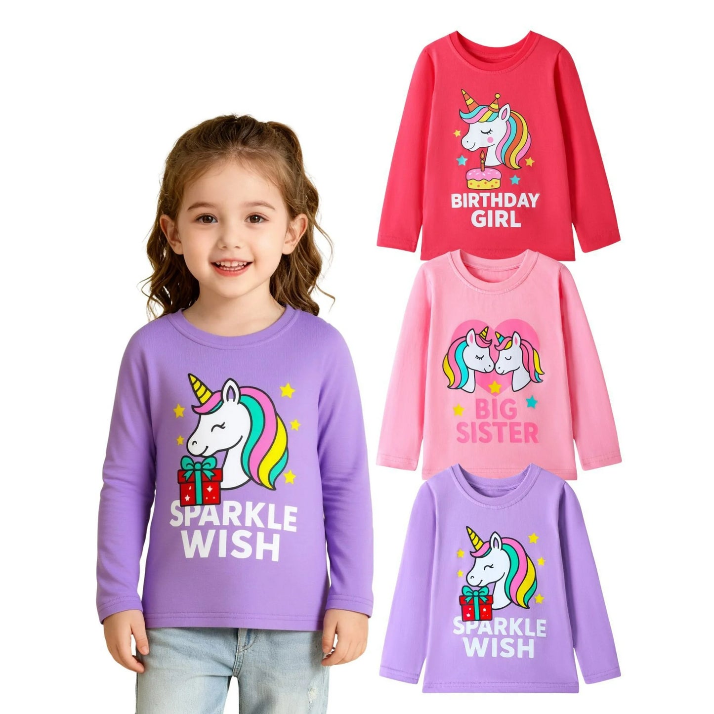 HILEELANG Toddler Girls Long Sleeve T Shirts Unicorn 3 Pack – 100% Cotton Casaul Birthday Girl Sparkle Wish Fall Winter Everyday Wear Kids Layering & Play Tops