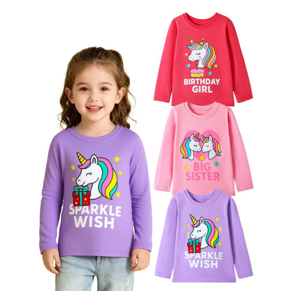 HILEELANG Toddler Girls Long Sleeve T Shirts Unicorn 3 Pack – 100% Cotton Casaul Birthday Girl Sparkle Wish Fall Winter Everyday Wear Kids Layering & Play Tops