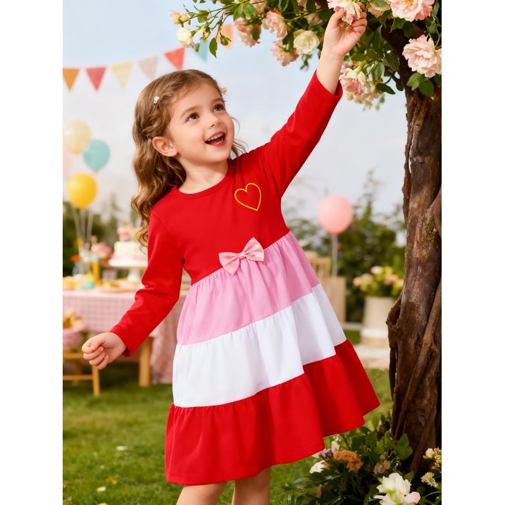 HILEELANG Girls Christmas Dress Long Sleeve Red Pink Tiered Party Outfit with Heart Bow Cotton Holiday Valentine’s Day Dress for Toddler Kids