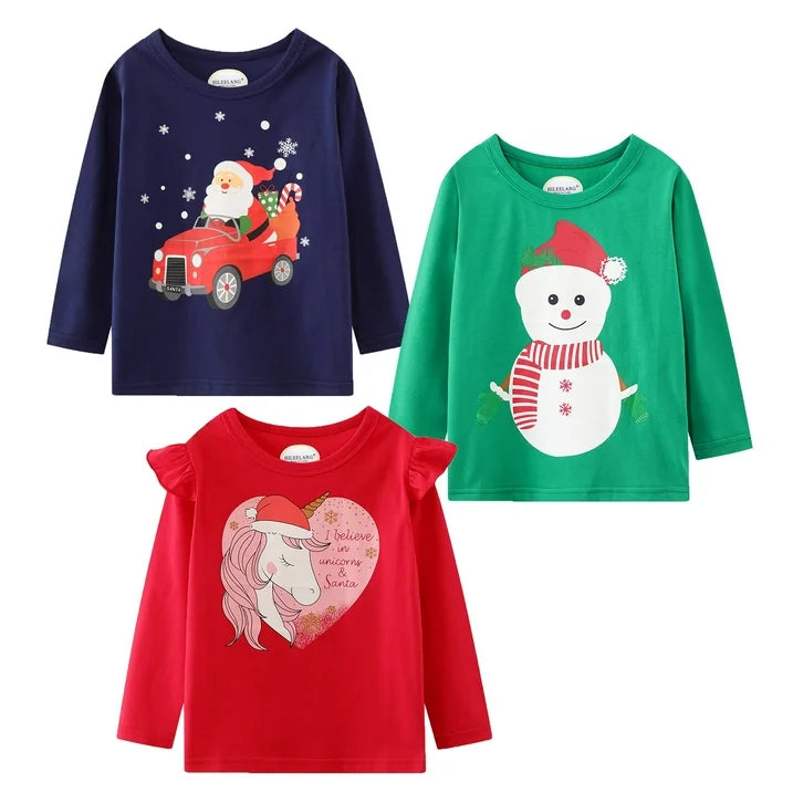 Toddler Girl Long Sleeve Shirts Christmas Ruffle Red Unicorn Green Snowman Cotton Casual Crewneck Jersey Tunic T-Shirts 3 Packs