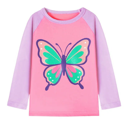 HILEELANG Toddler Girls Long Sleeve Raglan T Shirts 3 Pack – Pink Purple Butterfly, Pink White Ladybug, Pink Mint Bee – 100% Cotton Graphic Tops for Kids