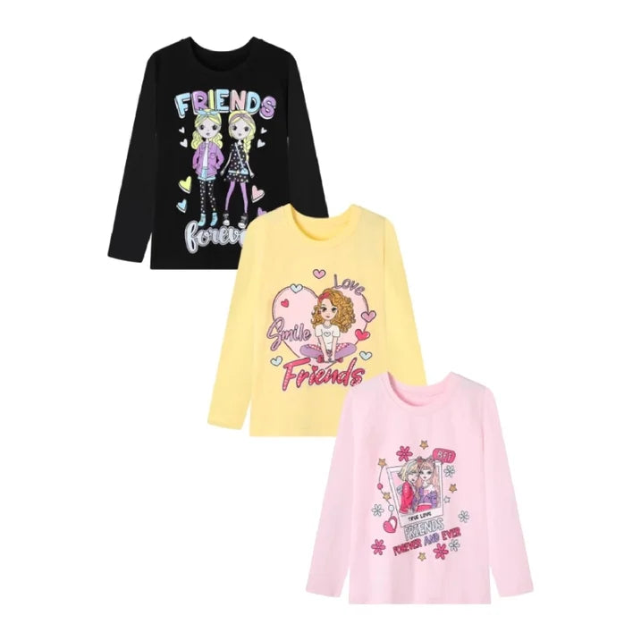 HILEELANG Toddler Girls' Long Sleeve Tee Shirt Cotton Crewneck Friends Graphic Tops T-Shirts Black Yellow Pink 3 Packs