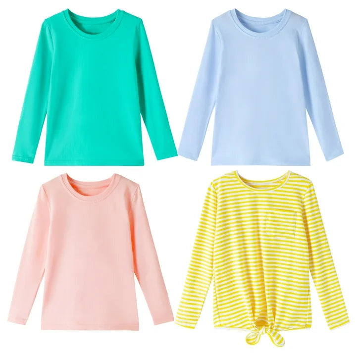 HILEELANG Girls 100% Cotton Long Sleeve T-Shirt 4-Pack, Blue Pink Green Yellow, Casual Everyday Tops