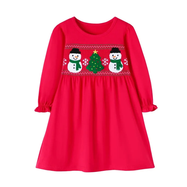 HILEELANG Toddler Girls Christmas Long Sleeve Dress Cotton Casual Red Snowman and Christmas Tree Jersey Shirt Fall Winter Holiday Playwear Dresses