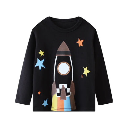 HILEELANG Toddler Boys' Long Sleeve Tee Shirt Christmas Cotton Casual Crewneck Rocket Graphic Tops T-Shirts Black Blue 3 Packs