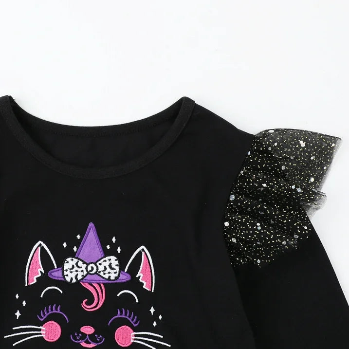 HILEELANG Toddler Girls Halloween Dress 2–7Y, Long Sleeve Pumpkin Ghost Black Cat Print Tulle Skirt with Witch Hat