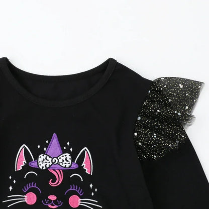 HILEELANG Toddler Girls Halloween Dress 2–7Y, Long Sleeve Pumpkin Ghost Black Cat Print Tulle Skirt with Witch Hat