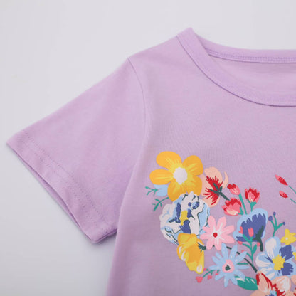 HILEELANG Big Kids Girls' Short Sleeve Tee Cotton Casual Crewneck Easter Butterfly Flowers Graphic Tops T-Shirts Purple Green 3 Packs Sets 10Years