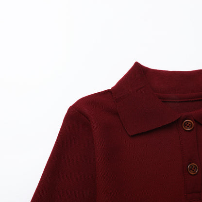 HILEELANG 4-13Y Girls Long Sleeve Polo Dress School Uniform Dress with Pockets Cotton Blend Pique Collared Dress Burgundy