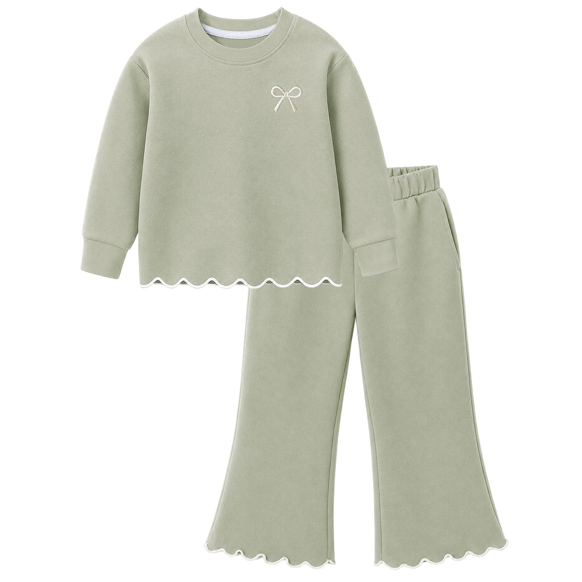 HILEELANG Girls 2 Piece Outfit Set, Bow Detail Long Sleeve Top & Flare Pants, Scallop Trim, Sage Green