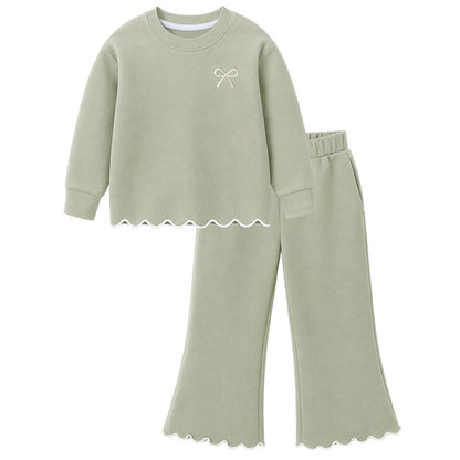 HILEELANG Girls 2 Piece Outfit Set, Bow Detail Long Sleeve Top & Flare Pants, Scallop Trim, Sage Green