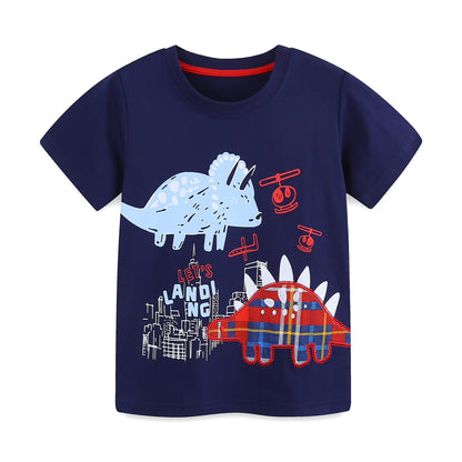 HILEELANG Toddler Boy Summer Short Clothes Sets Outfits Easter Cotton Navy Dinosaur Shirts Shorts Playwear