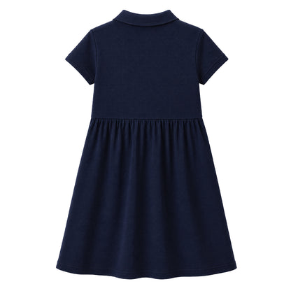 HILEELANG 4-13T Big Girls' Navy Blue Short Sleeve Polo Dress with Pockets, School Uniform Casual Dress for Kids