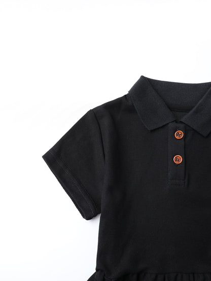 HILEELANG 4-13T Little Girls' black Short Sleeve Polo Dress with Pockets, School Uniform Casual Dress for Kids
