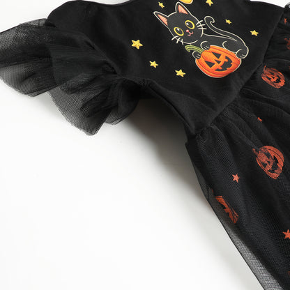 HILEELANG Girls Cotton Halloween Dress Black Cat Pumpkin Tulle Flutter Sleeve