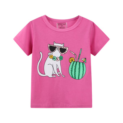 HILEELANG Toddler Girl Short Sleeve Tee Shirt Cotton Casual Crewneck Flower Graphic Tops T-Shirts Pink Yellow Green 3 Packs