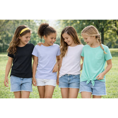 HILEELANG 4-PC Little Girls 5-16Y Black Light Blue White Mint Cotton Short Sleeve Crewneck T Shirt Tee
