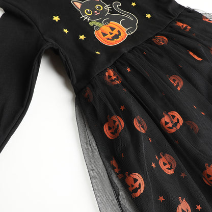 HILEELANG Girls Cotton Halloween Dress Long Sleeve Black Cat Pumpkin Tulle Dress