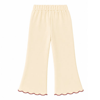 HILEELANG Girls 2-Piece Outfit Set, Bow Embroidered Sweatshirt and Flare Pants with Scalloped Trim, Cream, Ages 3Y