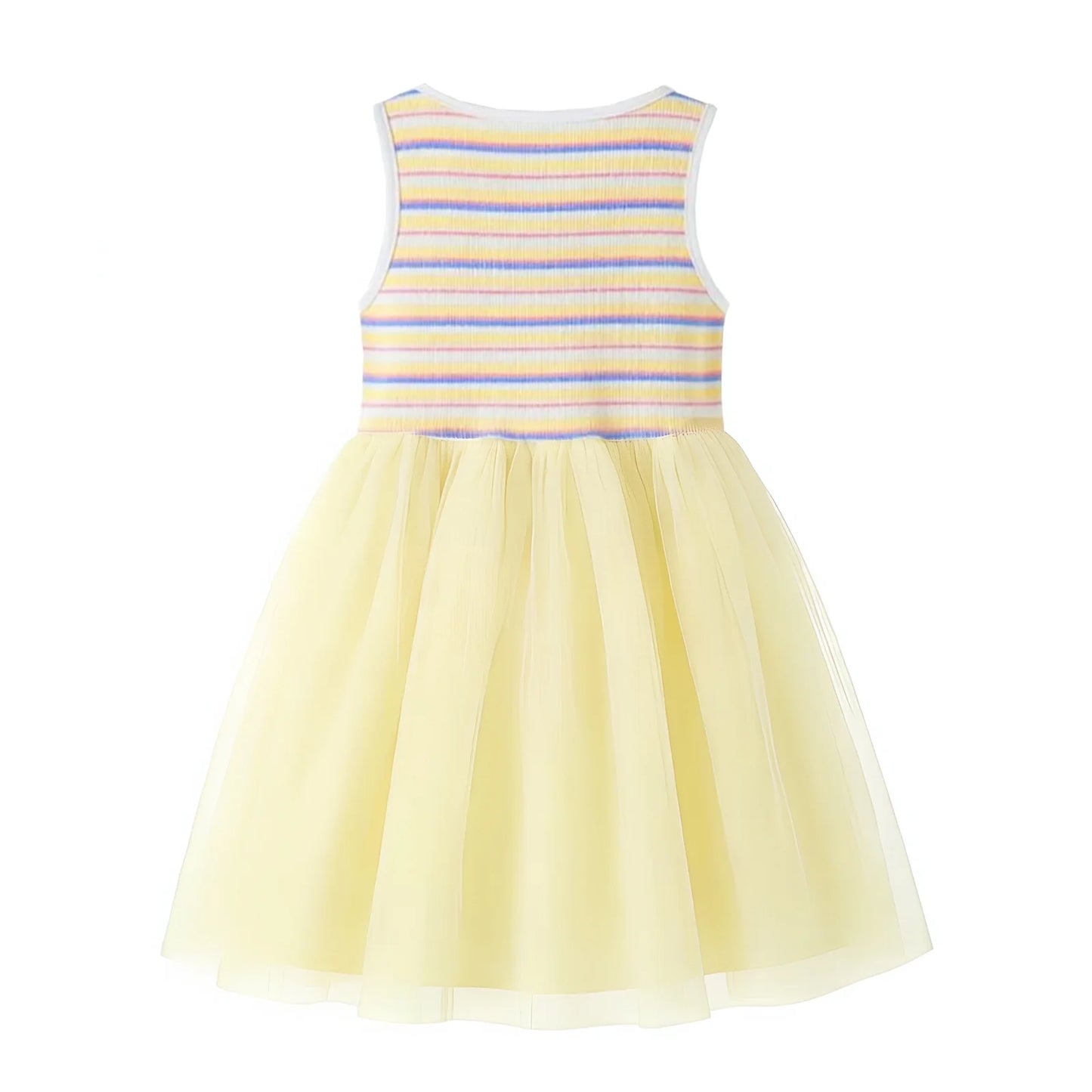 HILEELANG 2-7T Toddler Little Girls Multicolor Striped Ribbed Tulle Dress, Soft Yellow Sleeveless Summer Sundress