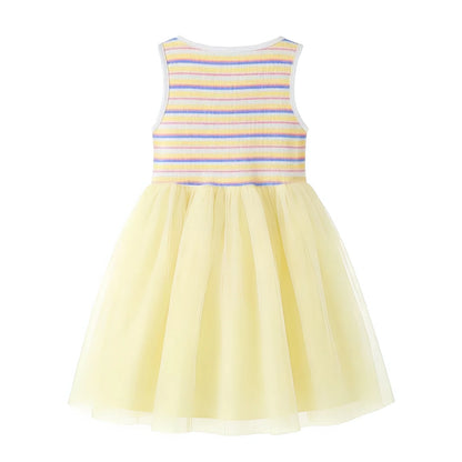 HILEELANG 2-7T Toddler Little Girls Multicolor Striped Ribbed Tulle Dress, Soft Yellow Sleeveless Summer Sundress