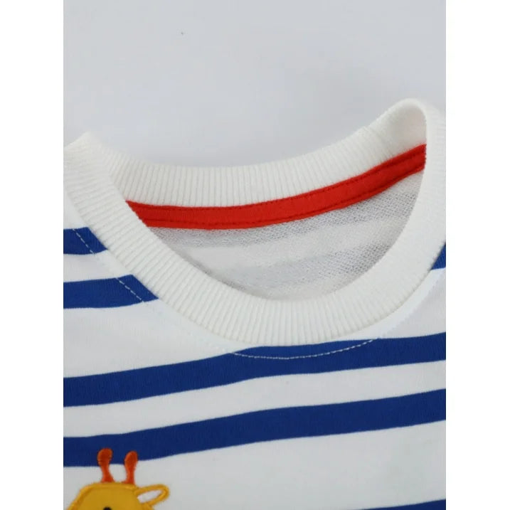 HILEELANG Toddler Boys(2-7Y) Sweatshirt Long Sleeve Striped Pullover Top, Cute Giraffe Zebra Applique Embroidery Fall Winter Cotton Crewneck Shirt