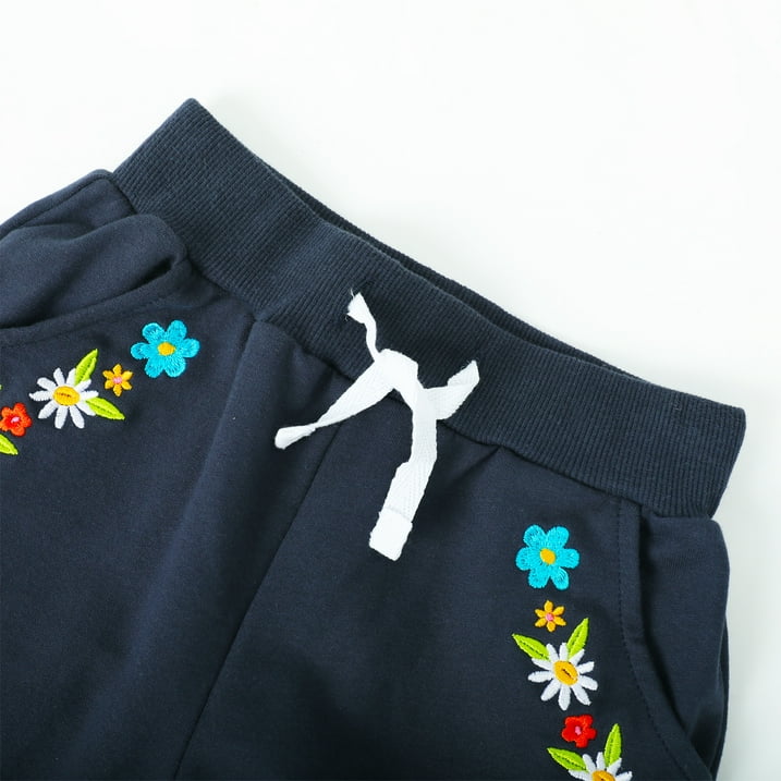 HILEELANG Toddler Girls（Age:12M-7Y) Cotton Joggers Sweatpants Floral Embroidery Drawstring Waist and Pockets-Purple Navy Blue Casual Athletic Pants for Kids