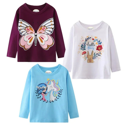 Toddler Girl Long Sleeve Shirts Cotton Casual Crewneck Purple Buttfly Jersey Bunny Unicorn Tunic T-Shirts 3 Packs