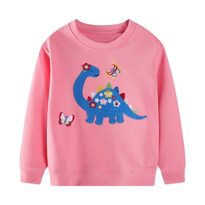 HILEELANG Toddler Girls(2-7Y) Long Sleeve Pink Sweatshirt with Dinor Embroidery – Cute Construction Pullover Top for Fall